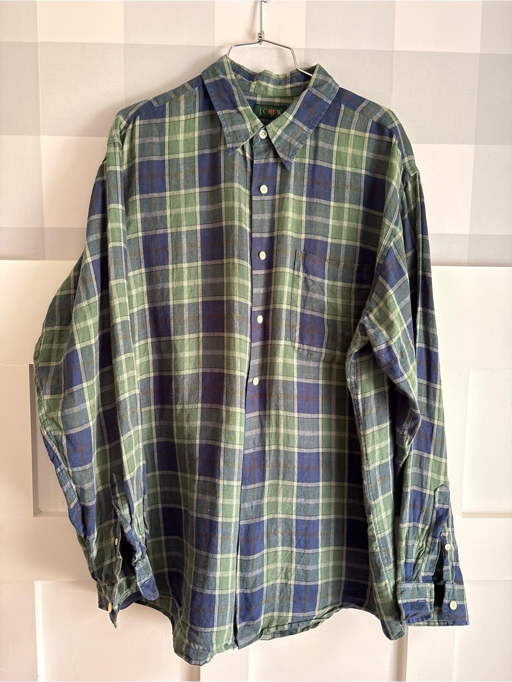 J. Crew Linen Olive Green and Navy Plaid Button-Front Shirt Large - Picture 7 of 7